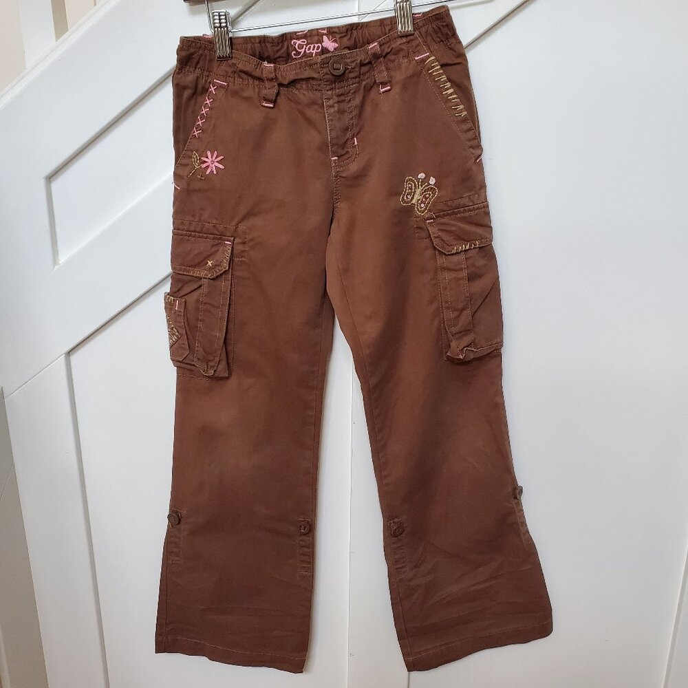 Brown cargo pants butterfly flower embroidered clam diggers